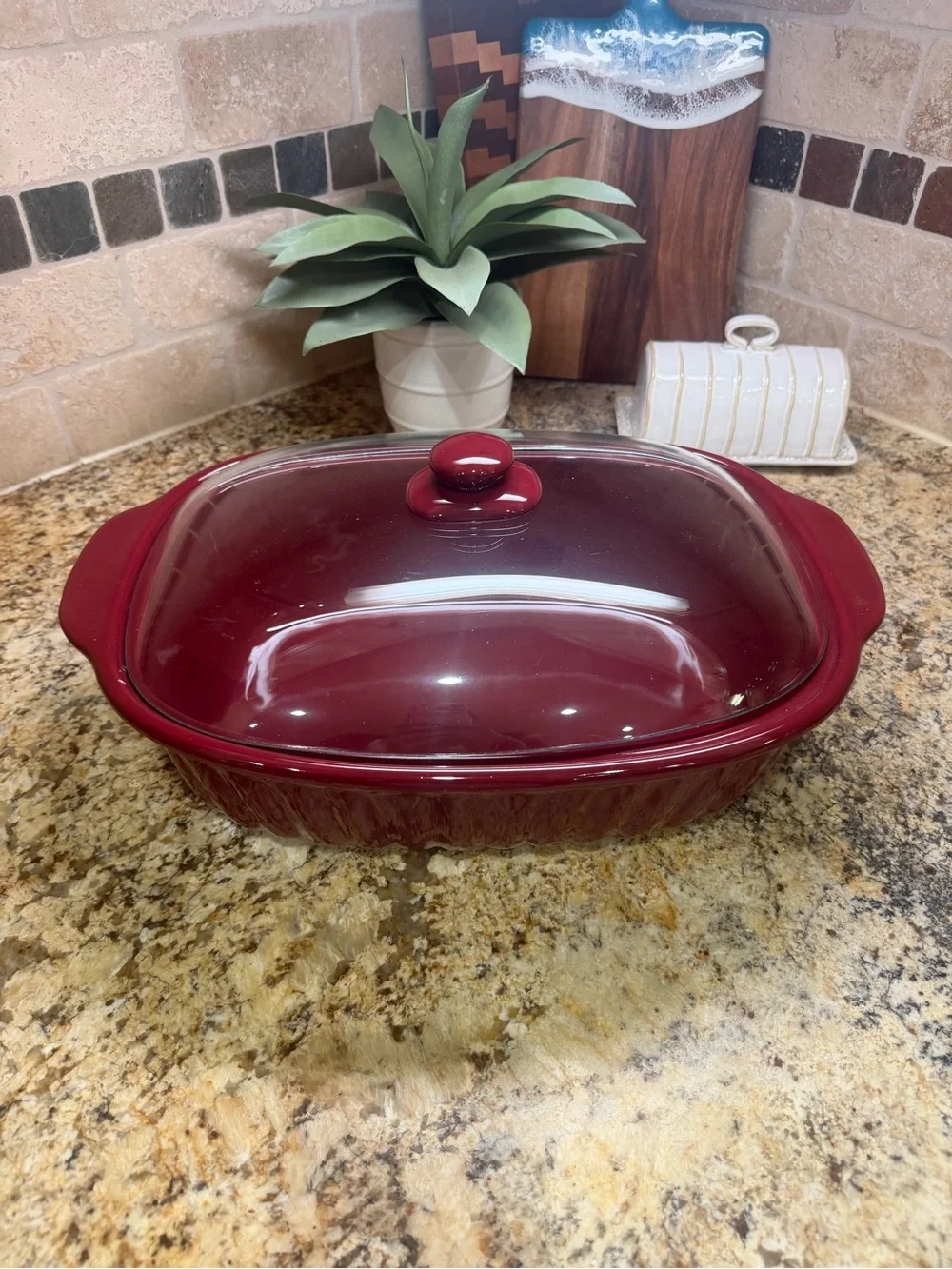 Glossy Cherry Red Ceramic Casserole with Glass Lid